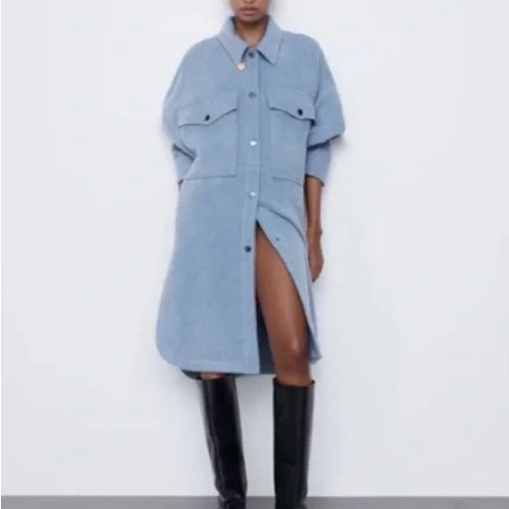 Zara Oversized Light Blue Wool Blend Shirt Coat S